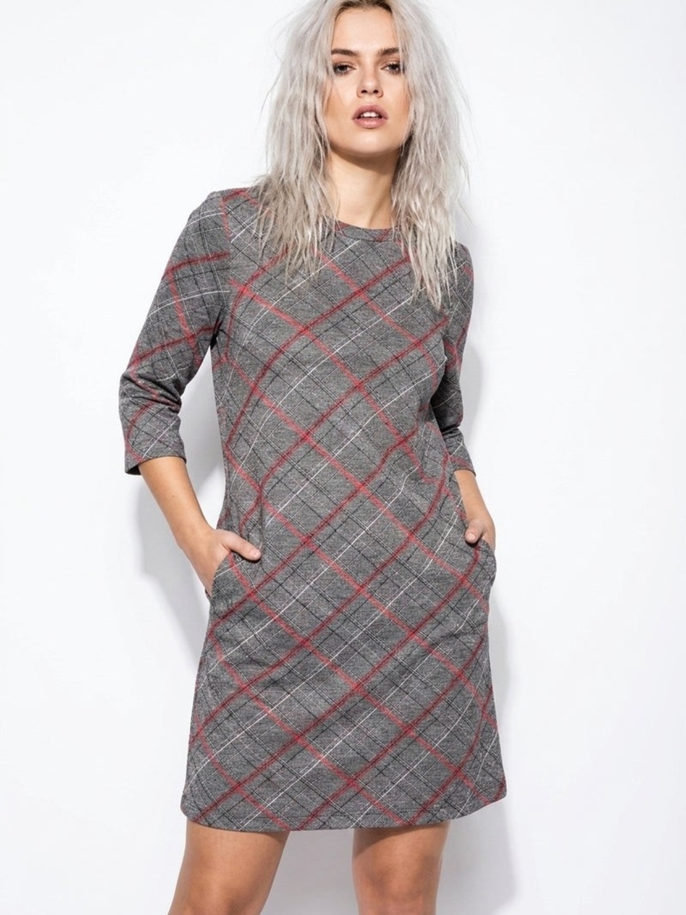 Zara Gray Plaid Midi Dress with Red Windowpane S